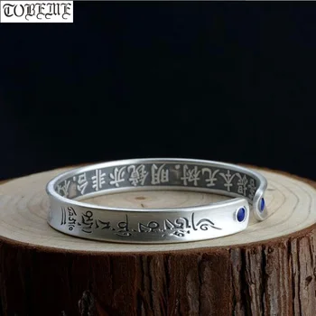 100 %990 Gümüş Tibet Altı Kelime Bileklik Budist Kalp Sutra Manşet Bilezik Gerçek Gümüş Lapis Lazuli Iyi Şanslar Bileklik