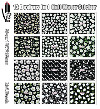 12 Sheets/Lot Tasarım Tırnak D001-012 Siyah Beyaz Çiçek Tırnak Sanat Su Sticker Çıkartma Tırnak Dekorasyon İçin(12 tasarımlar 1)