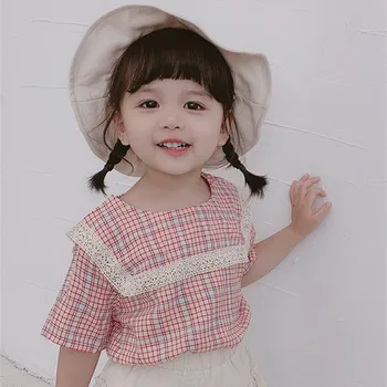 2019 Yaz Bebek Kız Kısa Kollu Ekose Prenses Tshirt Çocuk Kız Moda pamuklu üst giyim Yürümeye Başlayan Giysi 2-7Years