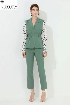 2020 Yüksek Kalite Yeni Bahar Yaz moda giyim setleri Kadın Çentikli Yaka Polka Dot Baskı Üstleri Ceket + Skinny Tayt Pantolon