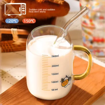 260 ML Kawaii Çocuk Süt Bardak Ölçekli Yüksek Sıcaklığa Dayanıklı Mikrodalga Yoğurt meyve suyu fincanı Süt Mocha Kahvaltı Cam Kupa