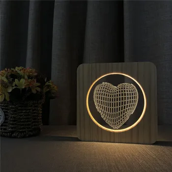 Aşk Kalp Tahıl Ahşap 3D LED Akrilik Gece Lambası masa lambası Anahtarı Kontrol Oyma Lamba çocuklar için Geri Okul Dekor Hediye