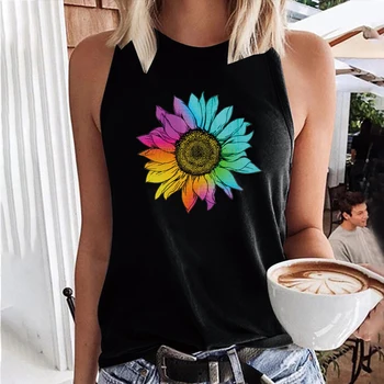 Bayan Yelek 2022 Renkli Güneş Çiçek Ayçiçeği Üst Kadın Yaz Tees Tops Vintage Baskı Harajuku Rahat Kolsuz bol tişört