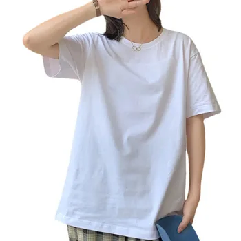 Bayanlar Düz Renk Gevşek Rahat Spor Üstleri 2023 Yeni Kadın yazlık t-shirt O-Boyun Kısa kollu Pamuklu düz renk T-shirt F352