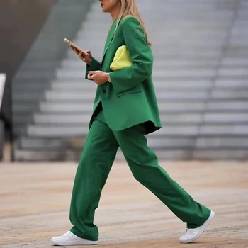 Casual Kadın Takım Elbise Özel Yapılmış Çentikli Uzun Kollu Blazers Yüksek Bel Düz Pantolon Katı Gevşek Setleri