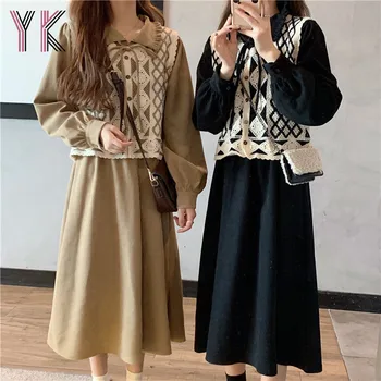 Dantel kesik dekolte Yelek + Bebek Boyun Kravat Elbise İki Parçalı Kadın Artı Boyutu Etek Takım Elbise Büyük Kore Moda Rahat Kadın Seti