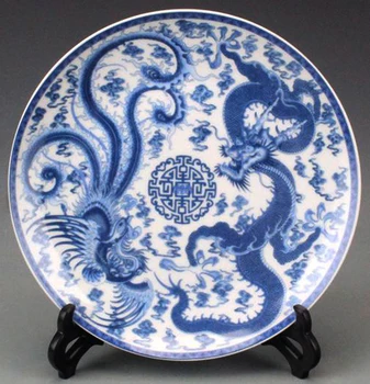 Ejderha Phoenix Tasarımları ile Boyanmış Zarif Çin El Yapımı Mavi ve Beyaz Porselen Tabak