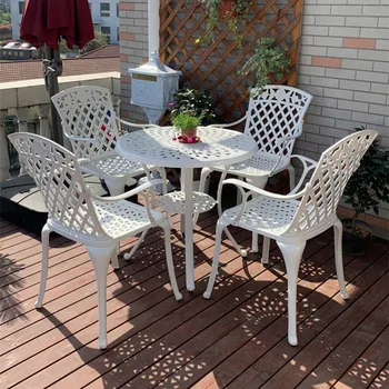 En çok satan 5 parça dökme alüminyum seti veranda yemek masası dia78cm 4 yüksek sırtlı sandalyeler kuşaklı desen gül tasarım dış mekan mobilyası