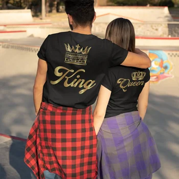 Erkekler Kadınlar Altın Taçlar Kral Kraliçe Yaşam Tarzı T Shirt Sevgililer Çift Aşk Pamuk Giyim Kısa Kollu Yuvarlak Yaka Tees Hediye