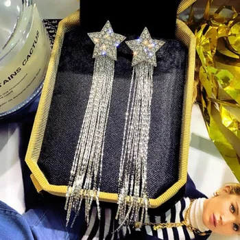 Exknl Lüks Uzun Büyük Püskül Damla Küpe Kadınlar için Düğün Boho Kristal Yıldız Dangle Metal Küpe Takı Moda Kadın 2021