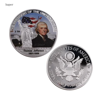 Hatıra Thomas Jefferson Modeli Çinko Alaşım El Sanatları Nadir Gümüş Folyo ABD Başkanı Sanat Paraları / w Plastik Kasa 40x3mm