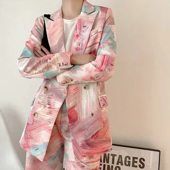 Kadın Baskılı Karışık Renk Kruvaze Blazer takım elbise Moda Gelgit Bahar Sonbahar Yeni Yaka Uzun Kollu Gevşek Ceket