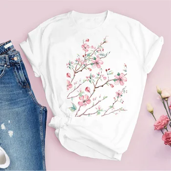 Kadın Grafik Çiçek Çiçek Moda Rahat Sevimli Vintage Lady Tees Baskı Üstleri Giyim Kadın T Shirt Bayan T-Shirt