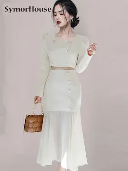 Kadın İlkbahar Sonbahar Yüksek Bel Kılıf Şifon Mermaid Takım Elbise etek İş 2 Parça Set Kore Kruvaze Şort Beyaz Üstleri Setleri