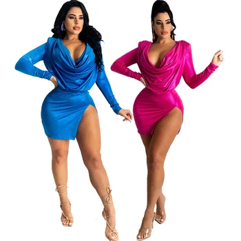 Kadın Saf Renk Kazık Yaka Elbise Setleri Uzun Kollu Sıska dekolte Açık Göbek Kısa Üstleri Seksi Bölünmüş Kılıf Çanta kalça Etek 2 adet Set