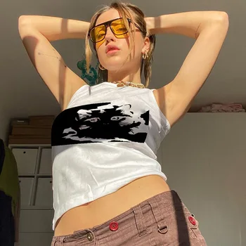 Kadın Yaz Moda Bezleri 90s Kolsuz Slim Fit Kırpılmış E-kız Sevimli Mini Yelek Streetwear Y2K Estetik Baskılı Tank Top