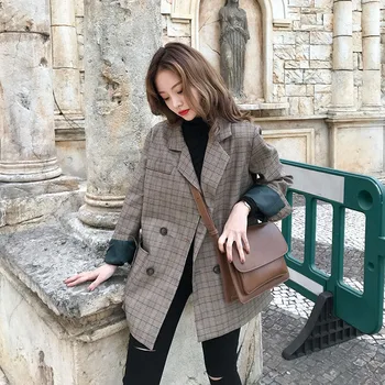 Kadın Zarif İş Tarzı Blazer 2021 Vintage Ekose Blazer Bahar Sonbahar Kruvaze Uzun Kollu Gevşek Retro Takım Elbise Ceket Ceket