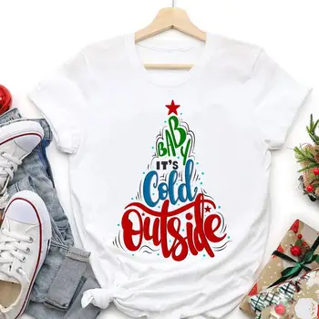 Kadınlar Mutlu Yeni Yıl Merry Christmas Tatil Trend Moda 90s Tarzı Tatlı Tshirt Grafik T-Shirt Karikatür Üst Seyahat Tee