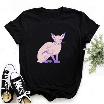 Kedi ve Kurbağa baskı T-Shirt Kadın Rahat Yuvarlak Yaka Üstleri Saf Renk Kısa Kollu Elbise Kız için