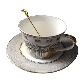 Kemik çini altın pencere retro kuğu kale klasik tarzı kahve fincanı porselen yemek seti / çay bardağı seti (kaşıksız)