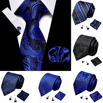 Klasik Erkek Mendil Kol Düğmesi Kravat Seti Mavi polyester jakar İpek Jakarlı Dokuma Boyun Kravat Takım Elbise Düğün Erkek Bağları