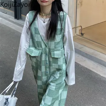 Koıjızayoı Harajuku Öğrenciler İki Adet Set Beyaz Uzun Kollu Gömlek Retro Ekose Gevşek Genel Tulum Japonya Tarzı Takım Elbise Şık