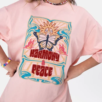 kuakuayu HJN Yaz Kadın Vintage Estetik Sanat Tee Harmony Barış Kelebek Psychedelic Gömlek Hippi boho tişört Retro Üst