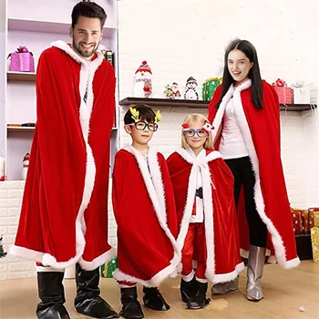 Kırmızı Noel kapüşonlu pelerin Bayan Baba Kıyafet Beyaz Kabarık Kadife Santa Kostüm süslü elbise Parti Elbise Noel Hediyesi Çocuk Yetişkin için