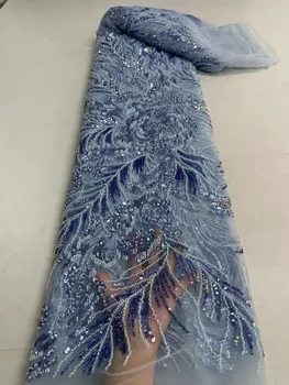 Lüks Gök Mavisi Fransız 3D Boncuklu Tül Dantel Kumaş Yüksek Kalite 2022 Afrika Net Dantel payetli kumaşlar Akşam Elbise İçin