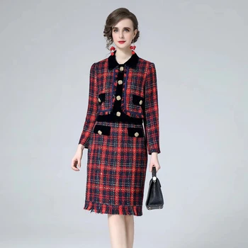 Moda Bahar Sonbahar Yeni kadın Setleri Ekose Ceket Tops kalem Etek Vintage Zarif Işyeri Parti Tasarımcı Yüksek Kaliteli Takım Elbise