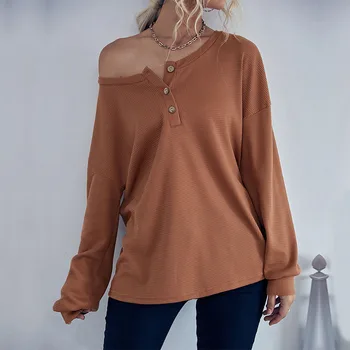 Moda Kadın Sonbahar Katı Renkler O-Boyun Düğmesi Kazak Üstleri Tee Casual Bayanlar Gevşek Uzun Kollu Nefes T-Shirt
