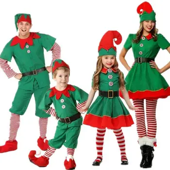 Noel Elf Kostüm Takım Elbise Şenlikli Giysiler Tatil Kıyafet Şapka Kemer Cadılar Bayramı Noel Cosplay Seti Yetişkinler Çocuklar İçin