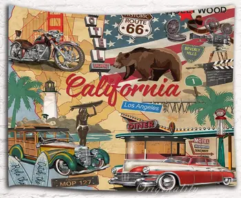 Nostaljik araba California Posteri Goblen Rota 66 Hollywood Duvar Asılı Posteri Yatak Odası Oturma Odası Kolej Yurt Odası Dekor
