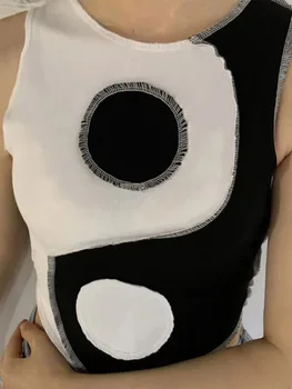 O-boyun Kolsuz Patchwork Kırpma Üstleri Kadın 2023 Moda Sevimli Rahat Örgü Gömlek Sonbahar Kadın Tank Top Temel Sıkı