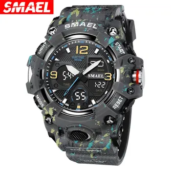 SMAEL 8008 Marka Kuvars Camo Kol Saatleri Su Geçirmez Yüzme Askeri Erkekler Spor Kronometreler Çift Ekran Analog Dijital Hediye