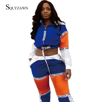 Streetwear Colorblock Patchwork Bandaj Spor İki Parçalı eşofman takımı Kadın Sonbahar Kapüşonlu Ceket Kırpma Üst koşucu pantolonu Takım Elbise
