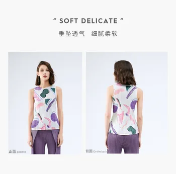 Sıcak satış Miyake issey Miyake moda kat kolsuz yeni seksi O-BOYUN geometri baskı T-shirt STOKTA