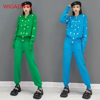 WIGADFHK 2022 Sonbahar Ve Kış Yeni örgü Elbise Kadın Moda Düğme Hırka Kazak rahat pantolon Batı Tarzı İki parçalı Takım Elbise