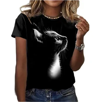 XXS - 6XL yazlık t-shirt Kadınlar İçin Kısa Kollu O Boyun Sevimli Kedi Baskılı Kadın Yaz Tee Gömlek Pamuk Polyester Kadın Üstleri