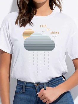 Yaz Baskı Bulutlu Yağmurlu Öğrenci T-Shirt Kısa Kollu Crewneck Harajuku Kadın Giyim Moda Grafik T Shirt Y2k Tees Tops