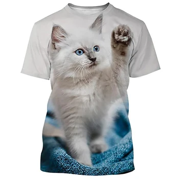 Yaz Güzel Hayvan Kedi 3D Baskı T Shirt Erkekler Ve Kadınlar İçin Moda Yuvarlak Boyun Polyester Kısa Kollu Unisex Gevşek Üst Giyim