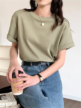 Yaz Yeşil kadın T-Shirt 2022 Yeni Minimalist Kısa Kollu O-boyun Dip Rahat Gevşek Gömlek Chic Tops Kadın
