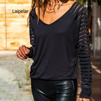 Yeni Sonbahar Kadın Tişörtleri Büyük Boy Düz Renk V Yaka İçi Boş Çizgili Uzun Kollu Gevşek Estetik kadın güz giyimi 2021