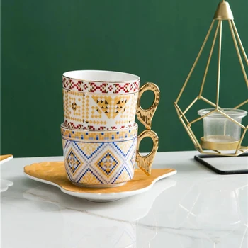 Yeni Ürün Avrupa seramik kahve fincanı Tüy Desen Kupa Kahvaltı süt kupası Öğleden Sonra çay seti Ev içme kapları