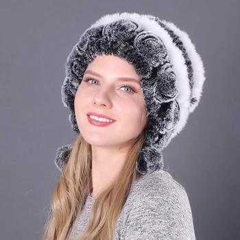 Kadın Kış Bere şapka Kar Kap Sentetik Tavşan Kürk Sıcak Moda Şapka Kız Kürk Örgü Skullies Beanies Doğal Kabarık Şapka