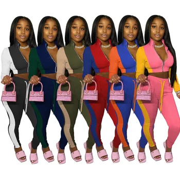 Sonbahar Kadın Eşofman İki Parçalı Set Renk Eşleştirme Uzun Kollu Zip Kırpma Üst spor pantolon Eşleşen Seti Rahat Koşu Streetwear